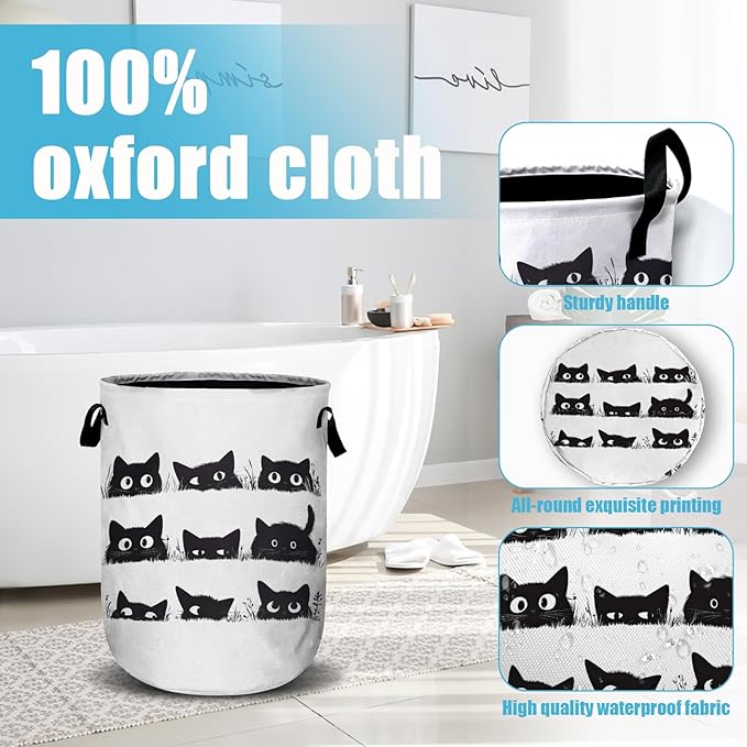 Cute Black Cat Laundry Basket, Laundry Hamper Collapsible Oxford Cloth with Handle Clothes Toy Storage Bin for Bathroom Laundry Room Bedroom 15.7 X 20 Inch