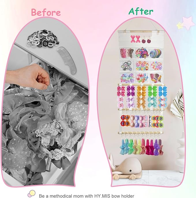 Headband Holder Organizer, Hair Accessories Storage with 9 Net Pockets, Wall Hanging Hair Clips Hair Band Organizer for Girls Room
