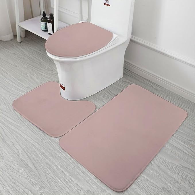3 Pieces Bath Rug Sets, Dusty Pink Trend Color Bathroom Mat Set Non Slip U Shaped Contour Rug & Toilet Lid Cover
