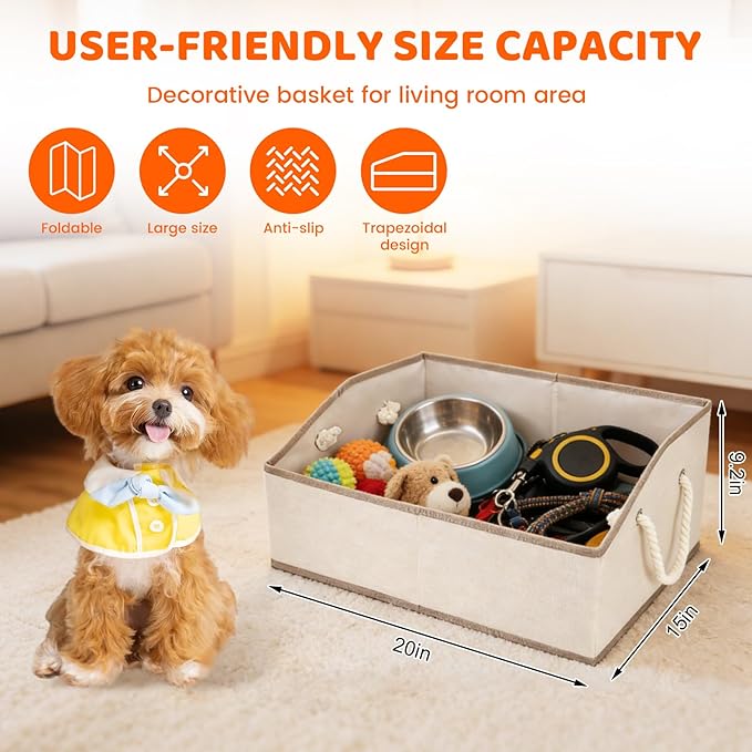 Dog Toy Basket With Handle, Foldable Dog Toy Box for Living Room Area, 20" Basket for Dog‘s Toys, Clothes, Organizers and Storage with Hard Board, Anti-slip for Pet Toys