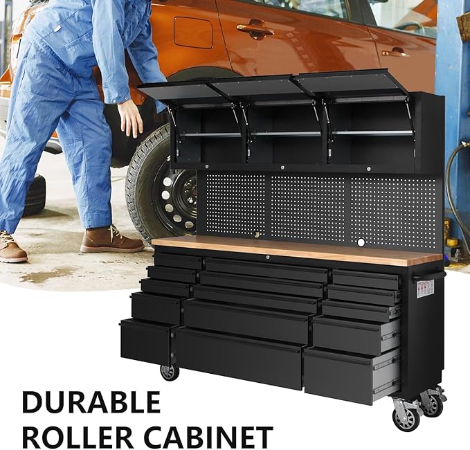 SINDA 72 Inch Tool Chest with Drawers and Wheels Mobile Workbench Garage Tool Storage Cabinet Large Rolling Lockable Tool Box with Wood Top, 15 Drawers + 3 Upper Cabinets, Matte Black