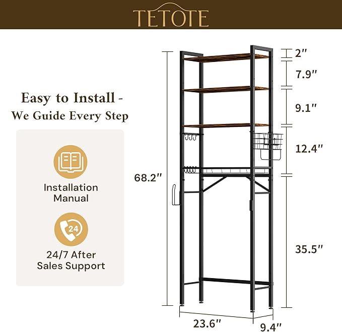 TETOTE Over Toilet Bathroom Organizer, 4-Tier Bathroom Over The Toilet Storage with Adjustable Shelf and Basket, Freestanding Space Saver Bathroom Shelves Above Toilet for Room(Brown)
