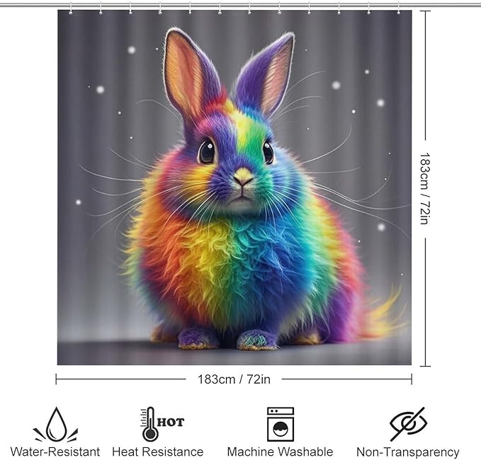 4 Piece Bathroom Rug Set with Shower Curtain, Non-Slip Bath Mat Toilet Cover Set, Rainbow Rabbit Bathroom Rug Sets