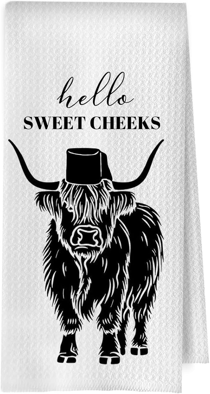Highland Cow Hand Towels - Western Highland Cow Gifts Waffle Decorative Hand Towels, Hello Sweet Cheeks Bathroom Decor, 16x24 Inches