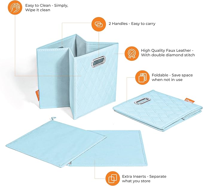 FH Group JIAessentials 13" Faux Leather Foldable Storage Cube Bins Set of 2 – Blue Diamond Patterned Organizers with Handles for Closet & Shelves