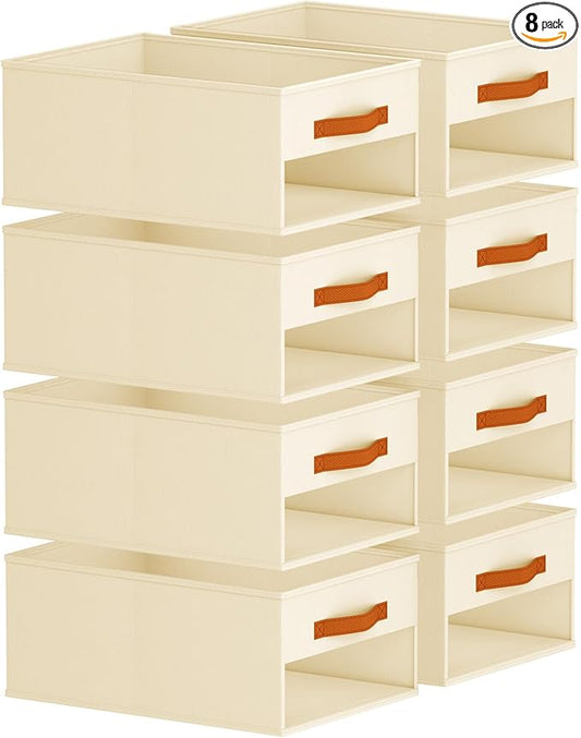 Closet Organizers and Storage - 8 Pack Storage Bins Baskets for Organization Foldable Closet Organizer with Clear Window & Handles for Clothes, Toys, Towels, Small Essentials (Beige)