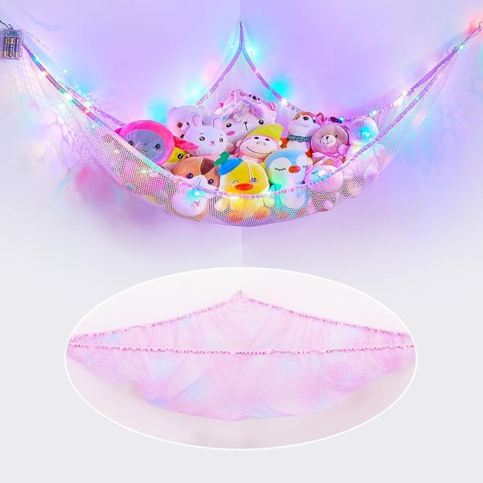 Basumee Stuffed Animals Net or Hammock with LED Light Hanging Toy Net Hammock for Stuffed Animals Storage Stuff Animals Hammocks for Nursery Room with Remote Control, 8 Kinds of Lights(Pack of 1)
