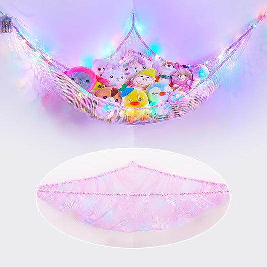 Basumee Stuffed Animals Net or Hammock with LED Light Hanging Toy Net Hammock for Stuffed Animals Storage Stuff Animals Hammocks for Nursery Room with Remote Control, 8 Kinds of Lights(Pack of 1)