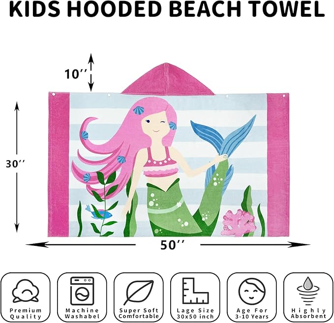 Hooded Beach Towel, Microfiber Hooded Beach Towel For Kids Toddler Infant Boy Girl, Beach Towel with Hood For Bath Pool Swim Swimwear Summer Beach Essentials Cartoon Shower Gifts (24x50 Inch, Mermaid)