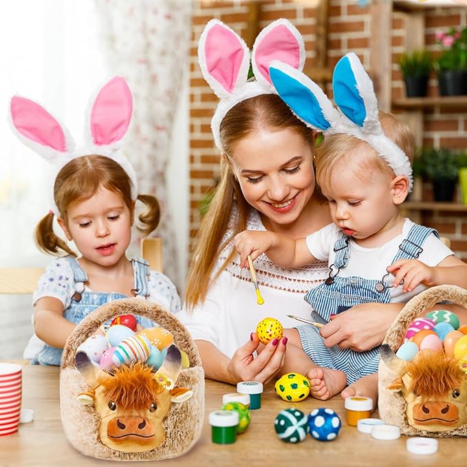 Easter Basket, Soft Highland Cow Plush Baskets, Easter Egg Hunt Buckets, Easter Decorations Indoor Outdoor, Cute Easter Gifts for Kids, Adults, Teens, Toddlers, Girls