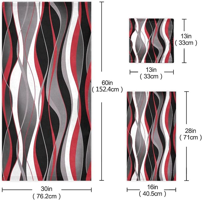 3 Piece Red Black Striped Bath Towels Set,Microfiber Absorbent White Grey Abstract Modern Minimalist Towels for Bathroom,1 Bath Towel,1 Hand Towel,1 Washcloth,Decorative Bathroom Towels