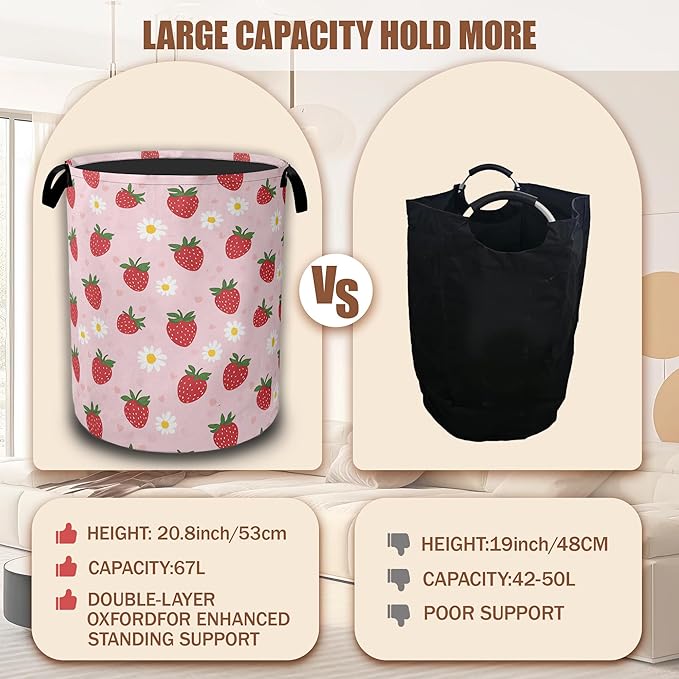 Laundry Hamper,Strawberry Groovy Floral Collapsible Laundry Baskets Waterproof Oxford Cloth With Handles,Clothes Storage Bucket Toy Organizer For Bathroom/Nursery/Bedroom 16" x 20.8"