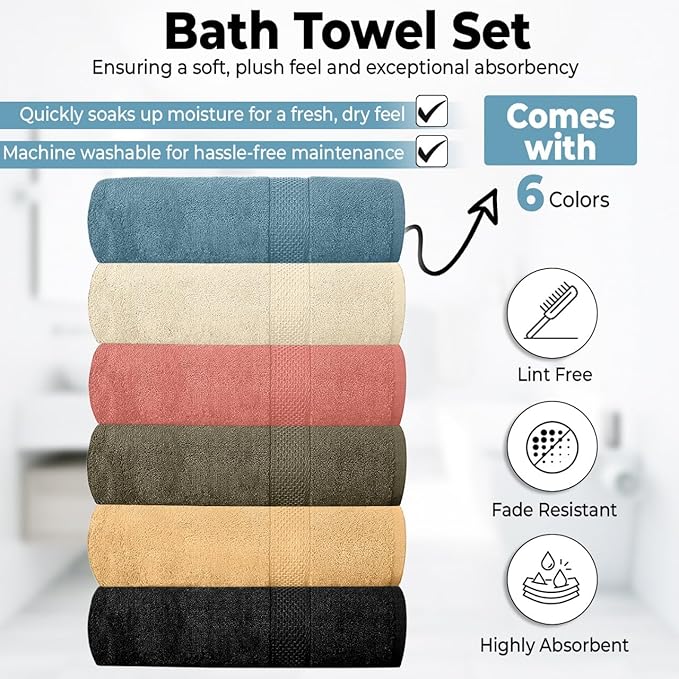 Hotel & Spa 100% Cotton Bath Towels Pack of 6, Ultra Soft, Quick Dry, Lightweight, Highly Absorbent, Perfect for Shower, Spa, Gym, Pool, Hotel, Resort & Daily Use (Multi-Color - 24" x 48")