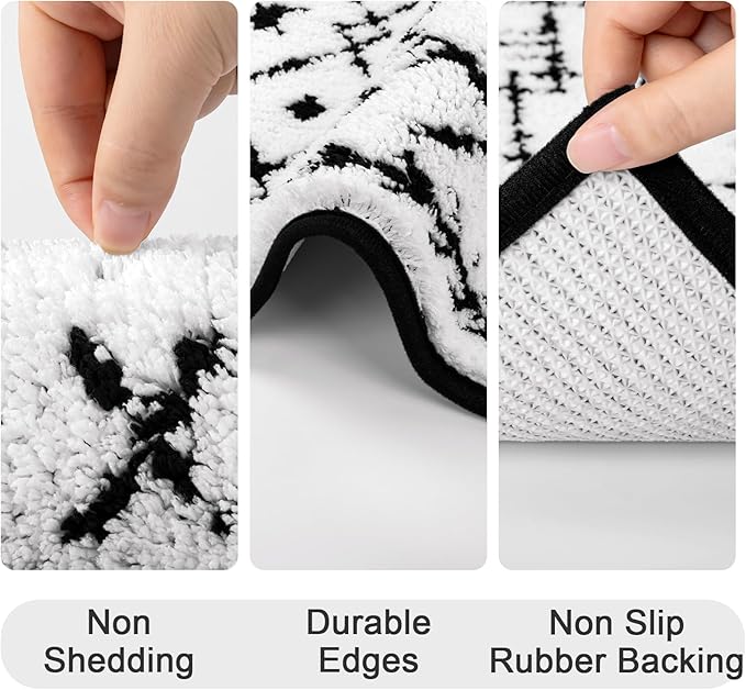HEBE Bathroom Rug Sets 5 Piece, Soft Absorbent Bath Mats for Bathroom, Non Slip Machine Washable Bath Rugs Set with U Shaped Contour Toilet Rugs, Bath Runner and Toilet Lid Cover, White/Black