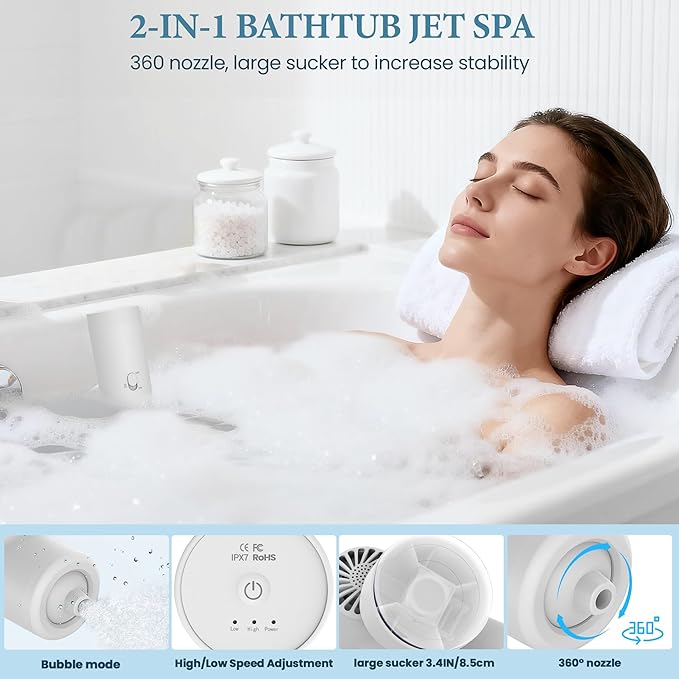 Bath Jet Spa, Rechargeable Bath Jet/Bubble Modes, Impact Force 65 kPA, Cordless Portable Mute Bathtub Accessories for Home Spa, Bathtub Jets for Tub Adjustable Speed Full-Body Relaxing (White)