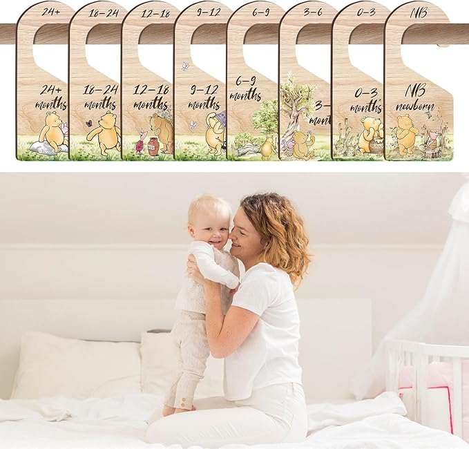 8PCS Classic Winnie Baby Closet Dividers for Newborn, the Pooh Baby Nursery Decor Wooden Hanger, Winnie Clothes Dividers for Closet, Double-Sided Printing