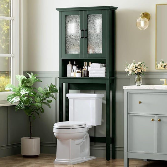 Over The Toilet Storage Cabinet, Over Toilet Storage with Glass Doors and Adjustable Shelf, Thicken Frame Above The Toilet Storage Cabinet Behind The Toilet Bathroom Organizer, Forest Green