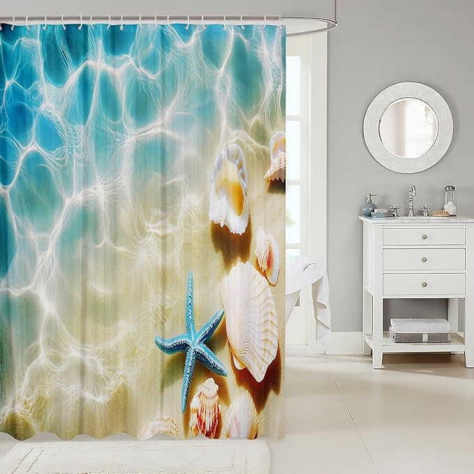 Hawaiian Beach Shower Curtain - Coastal Nature Theme with Sea Waves, Animals, Shells & Starfish - Teal Blue, 72" W x 72" L