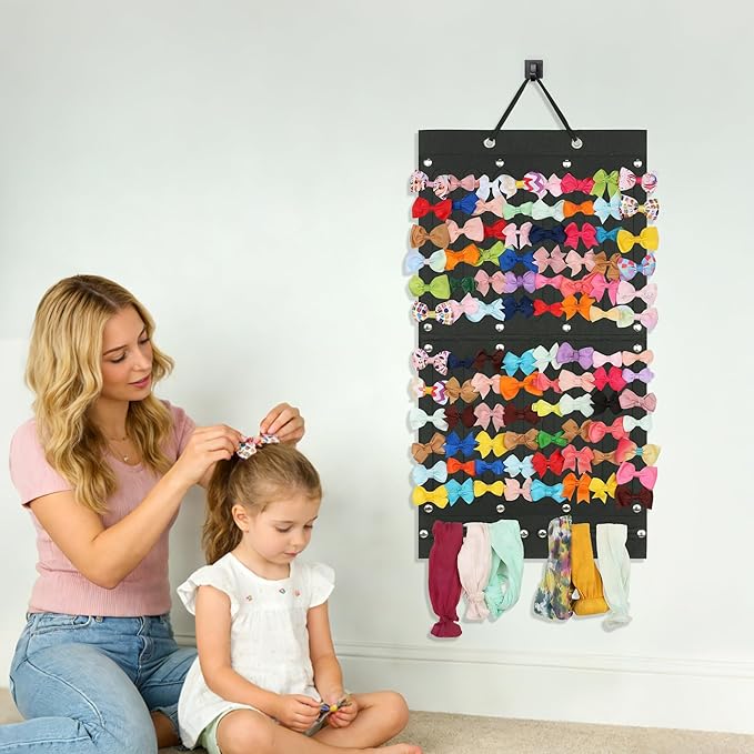 PACMAXI Baby Girl Hair Bows Holder, Hair Clips Storage Hanger For Ribbons, Hair Bows Organizer, Baby Hair Clip Storage Display Sturdy Stand, Wall Hanging for Girl Room (Black 2, Small)
