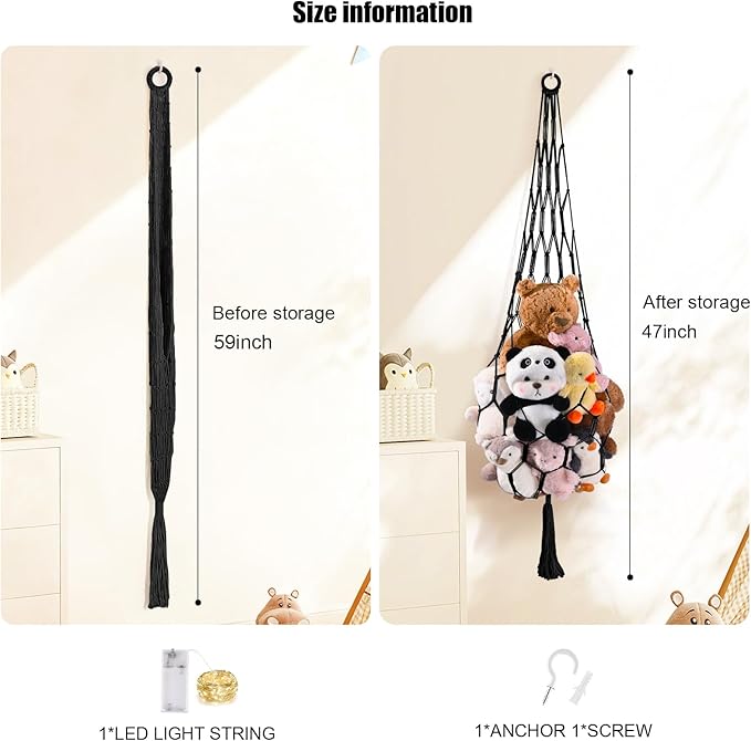 Stuffed Animal Hammock Corner Net with LED Light Plushies Storage Hammock for Stuffed Animals Boho Room Decor Macrame Wall Decor