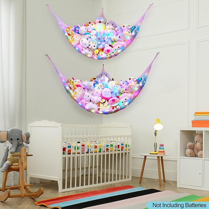 Unicorn Castle Stuffed Animals Net or Hammock Kids Toy Storage Organizer with LED Light Hanging Corner Stuffed Animals Holder Kids Girls Room Decor,Rainbow-A,Large (Pack of 2)