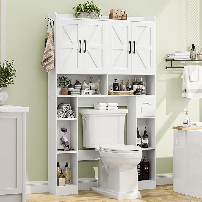 Vabches Over The Toilet Storage Cabinet with 4 Barn Doors, Bathroom Organizer with Toilet Paper Holder & Adjustable Shelves, Space-Saving Farmhouse Toilet Shelf for Bathroom,Restroom,Laundry