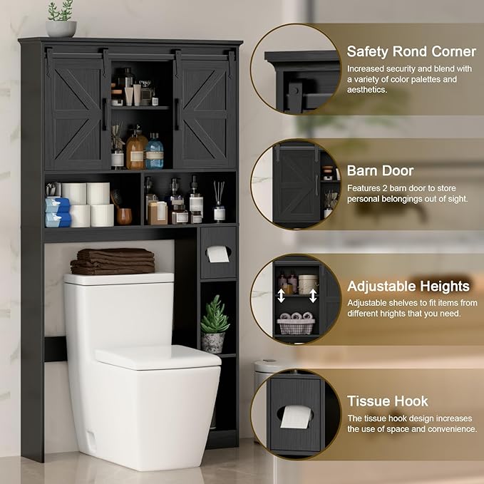 Over The Toilet Storage Cabinet,Farmhouse Space-Saving Toilet Rack with 2 Sliding Barn Doors,Bathroom Organizer with Toilet Paper Holder Stand & Storage Shelves,for Laundry, Bathroom,Restroom