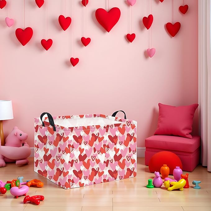 HIYAGON Rectangular Valentines Basket Baby Girl Storage Bin Pink Basket Organizer Box Heart Room Decor(Valentines Heart)