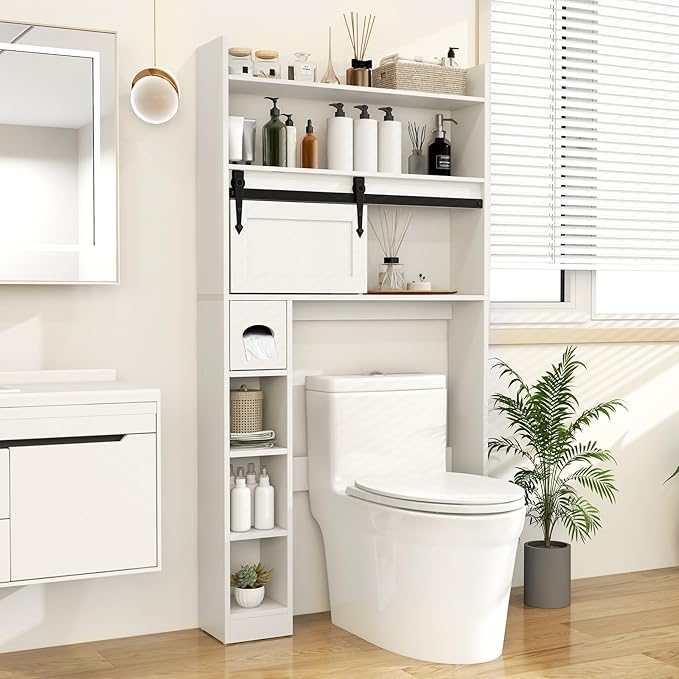 Tangkula Over The Toilet Storage Cabinet, Farmhouse Freestanding Above Toilet Rack w/Sliding Barn Door, Adjustable Shelves, Toilet Paper Holder, 2 Hooks, Bathroom Space Saver (Retro, White)