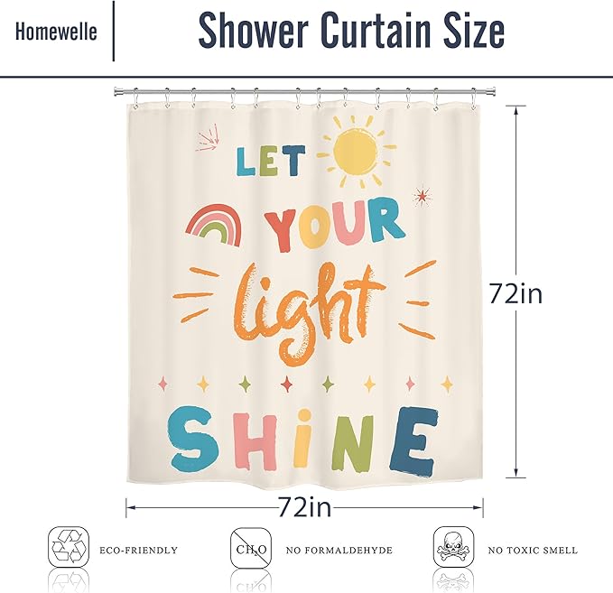 Homewelle Kids Quotes Shower Curtain Inspirational Colorful Cartoon Classical English Letter Let You Light Shine Lovely Sun Classic 72Wx72H Inch for Child Waterproof Polyester Fabric Bathroom Bathtub