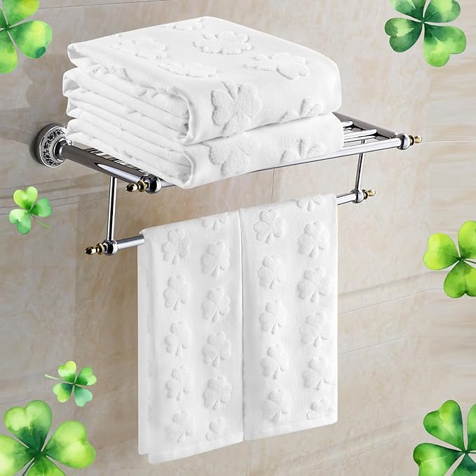 2 Pack St. Patrick's Day Hand Towels Kitchen Dish Towels White Clover Shamrocks 100% Cotton Soft Absorbent Decorative Bathroom Towels Set for Drying, Cleaning, Cooking, 13.7'' x 29.5''