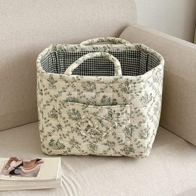 JQWYGB Foldable Laundry Basket Boho Bear Storage Basket Floral Quilted Fabric Car Storage Basket Handles Large Laundry Baskets for Clothes and Dolls