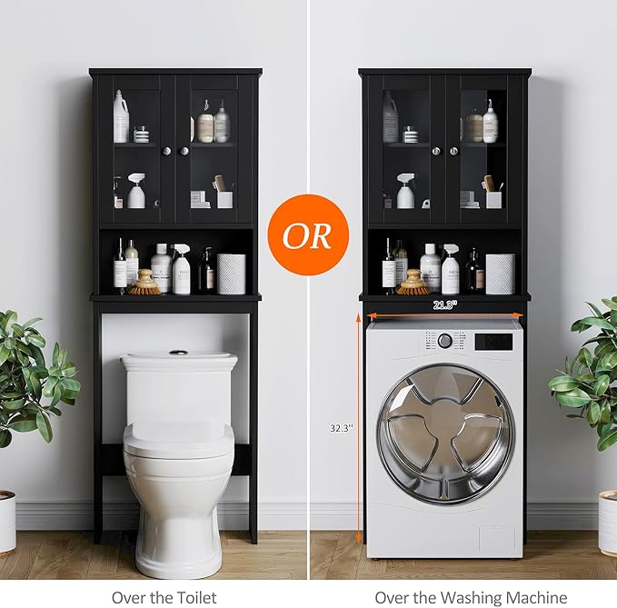 Meilocar Over The Toilet Storage Cabinet, Bathroom Storage Organizer Over Toilet with Glass Doors, Over Toilet Cabinet for Bathroom Freestanding Space Saver, Black