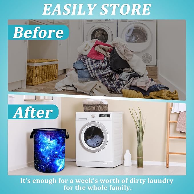 Blue Galaxy Laundry Basket, Universe Starry Sky Laundry Hamper Funny Tote Bag Dirty Clothes Storage Bucket Toy Organizer for Bathroom/Laundry/Bedroom 15.7"x19.6"