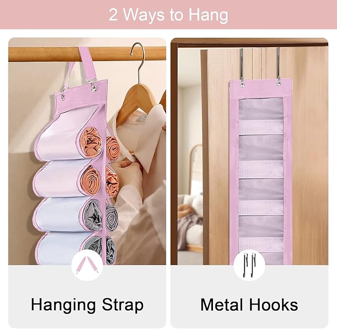 Legging Organizer Storage, 2PCS T Shirt Organizer, Foldable Hanging Closet Organizer Storage with 16 Roll Independent Compartments for Yoga Pants, Tank Top, Towel, Underwear (Pink)