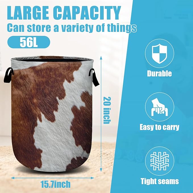 Brown Cow Skin Laundry Basket, Laundry Hamper Collapsible Oxford Cloth with Handle Clothes Toy Storage Bin for Bathroom Laundry Room Bedroom 15.7 X 20 Inch