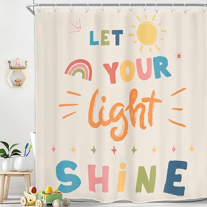 Homewelle Kids Quotes Shower Curtain Inspirational Colorful Cartoon Classical English Letter Let You Light Shine Lovely Sun Classic 72Wx72H Inch for Child Waterproof Polyester Fabric Bathroom Bathtub