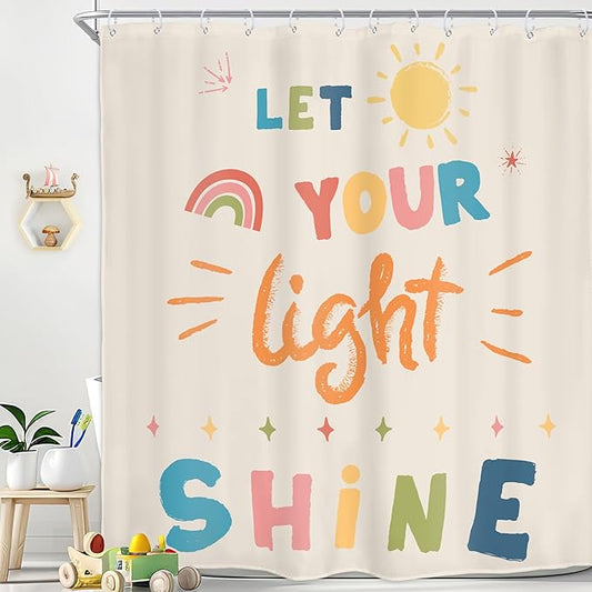 Homewelle Kids Quotes Shower Curtain Inspirational Colorful Cartoon Classical English Letter Let You Light Shine Lovely Sun Classic 72Wx72H Inch for Child Waterproof Polyester Fabric Bathroom Bathtub