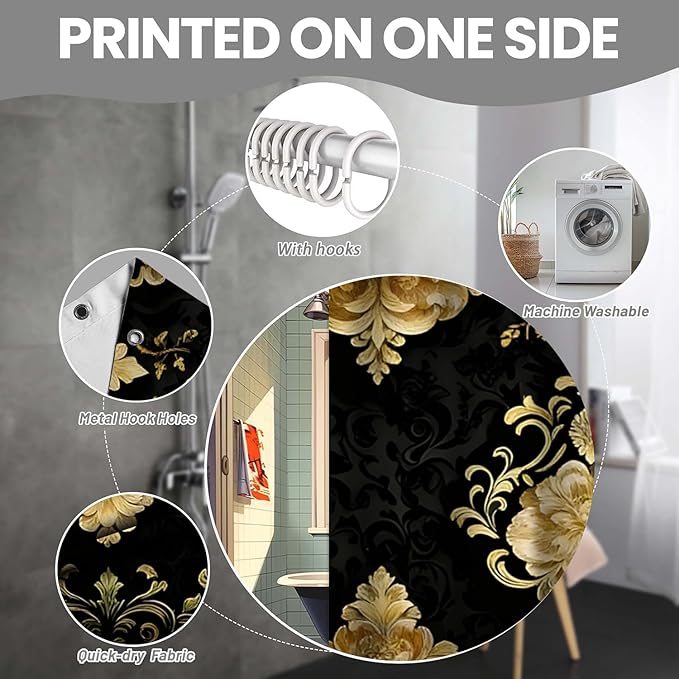 4Pcs Luxury Damascus Gold Flower Pattern Shower Curtain Set with 12 Hooks Non-Slip Rugs,Toilet Lid Cover and Bath Mat,Dark Gold Bathroom Decor for Hotel & Home Bathroom