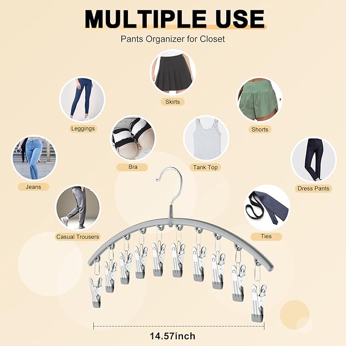 Legging Organizer for Closet, Metal Yoga Pants Hanger w/Rubber Coated 2 Pack w/10 Clips Hold 20 Leggings, Hangers Space Saving Hanging Closet Organizer for Closet Organizers and Storage-Grey