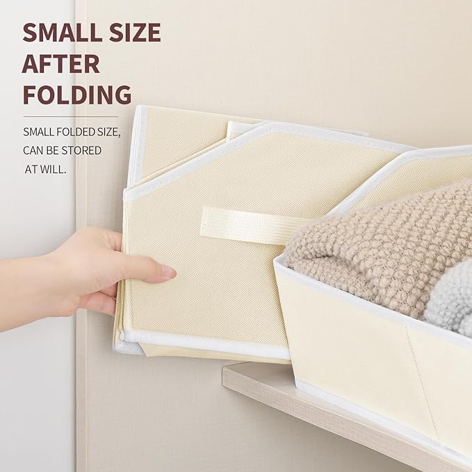 Storage Bins for Shelves - Small Trapezoid Closet Shelf Organizer, Fabric Organization Bins with Handles, Storage Baskets for Clothes, Towel, Purse, 4 Pack, Beige