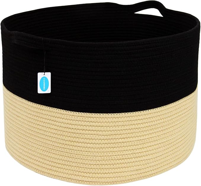 Casaphoria XXL Cotton Rope Woven Laundry Basket with Handle - Blanket, Comforter, Cushions Storage Bin - 21.7" x 21.7" x 13.8", Black and Brown