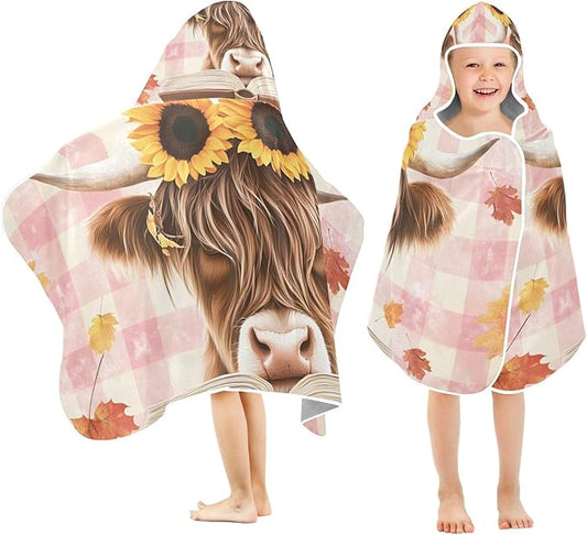 A Highland Cow with Sunflowers Hooded Beach Towel for Kids, Kids Bath Hooded Towels for Boys Girls, Super Soft Absorbent Bathrobe with Hood for Swin Pool 50"x23.5"