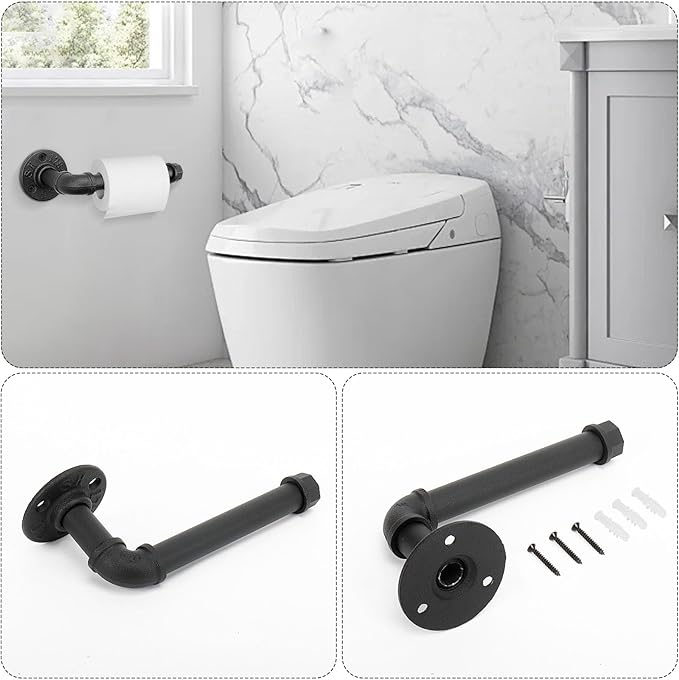 4-Pieces Industrial Pipe Bathroom Towel Ring Kit DIY Wall Mount Accessories Kit Includes Robe Hook Towel Bar and Towel Ring (16 inch)