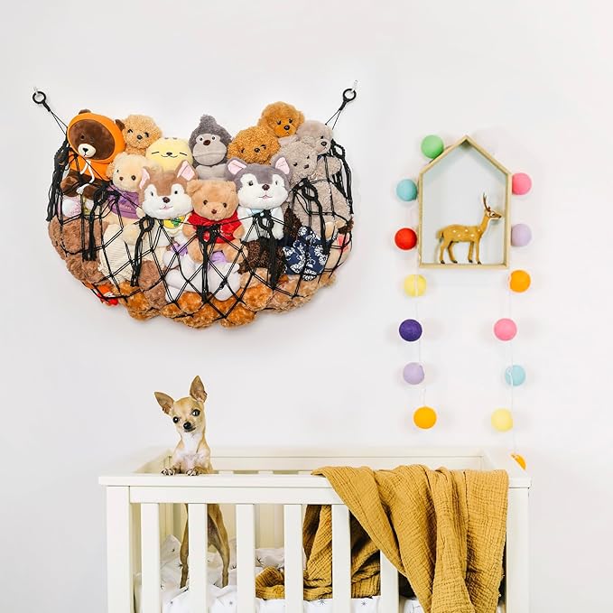 Large Stuffed Animal Net Hammock Macrame Toy Diaplay Plush Toy Holder Ceiling Hanging Net for Stuffed Animal Storage Kid Bedroom Boho Nursery Decor (Black, 49" W)