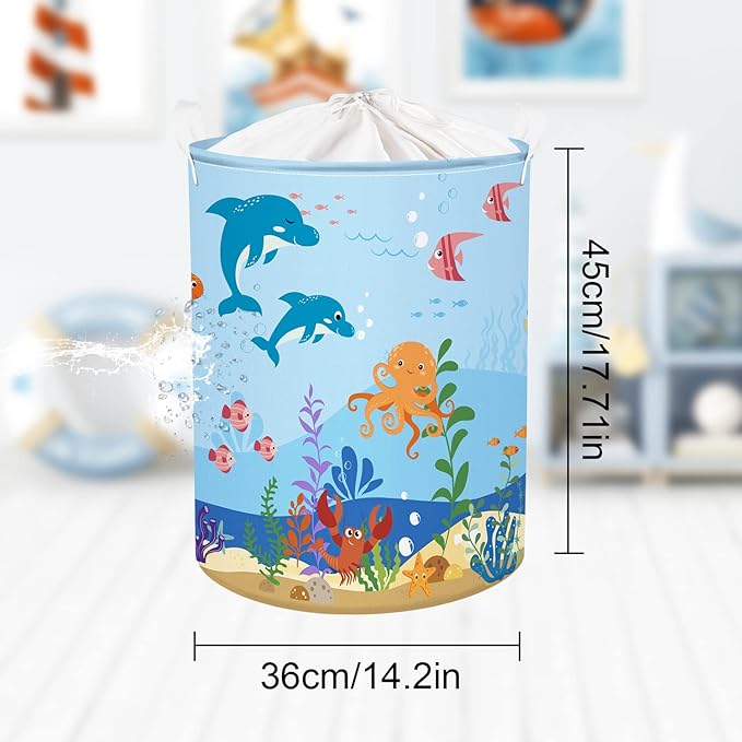 Clastyle Marine Animals Bubbles Kid Laundry Basket with Lid Foldable Sea Shark Dirty Clothes Hamper Round Toy Clothes Pool Beach Towel Basket, Blue Dolphin, 36 * 45 cm