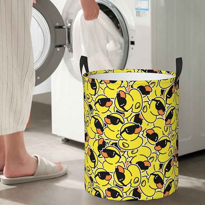 38L Round Laundry Hamper Funny Cute Rubber Ducks Storage Basket Waterproof Coating Organizer Bin For Nursery Clothes Toys