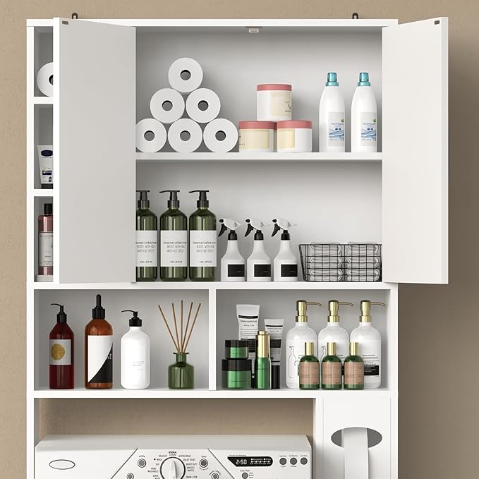 Winkalon Over The Toilet Storage Cabinet with 2 Barn Doors and Adjustable Shelves, Freestanding Toilet Shelf Organizer with Toilet Paper Holder, Space Saver for Bathroom, Restroom, Laundry