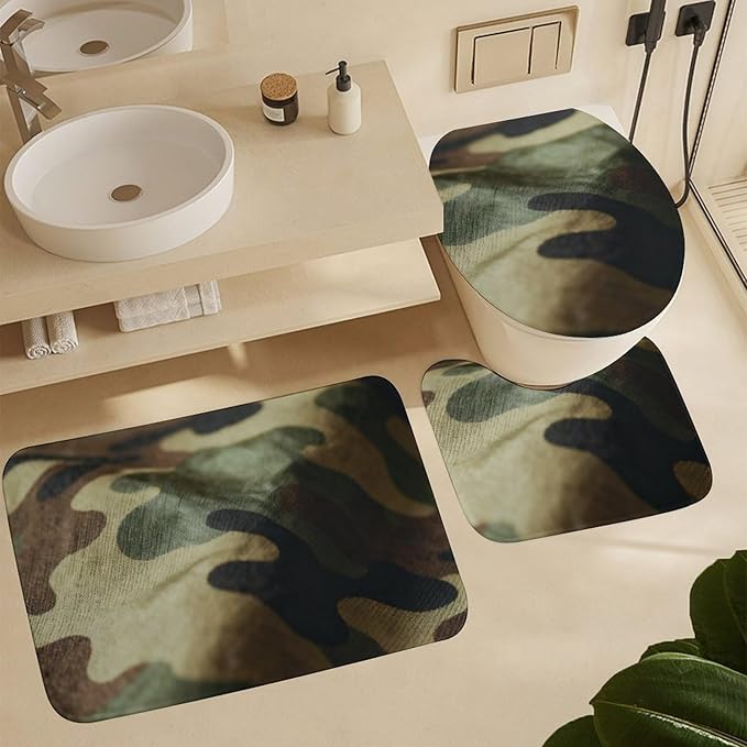 4 Piece Bathroom Rug Set with Shower Curtain, Non-Slip Bath Mat Toilet Cover Set, Camouflage Bathroom Rug Sets