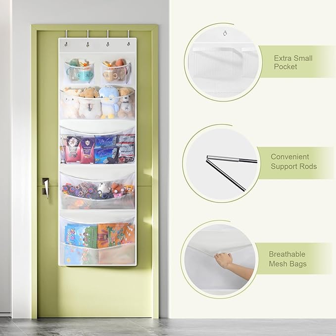 Yecaye Stuffed Animal Storage, Hanging Organizer for Stuffed Animals with 6 Expandable Mesh Net Pockets, Stuffed Animal Hammock, Over the Door Organizer, White